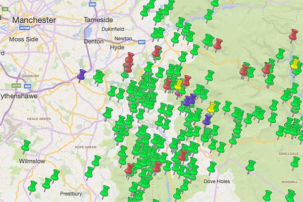 Map showing dozens of pins marking the location of signs, etc., to the east of Manchester